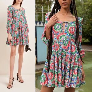 RIXO Roxy Cotton Long Sleeve Mini Dress Hibiscus Floral Blue/Purple Size Small